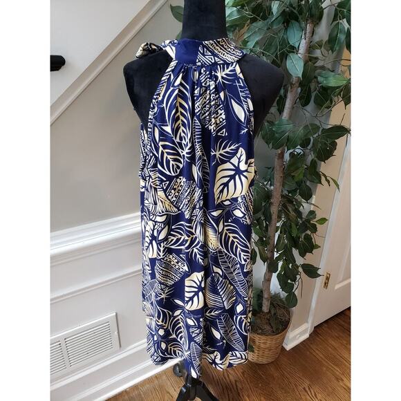 Marianne Sheath Dress Women 1X Blue White Leaf Print Stretch Pleated Halter Neck - Picture 4 of 12